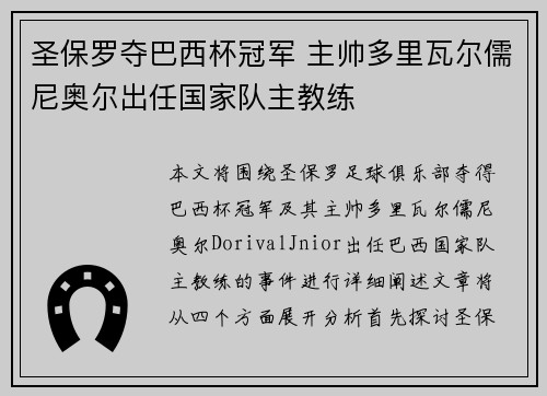 圣保罗夺巴西杯冠军 主帅多里瓦尔儒尼奥尔出任国家队主教练